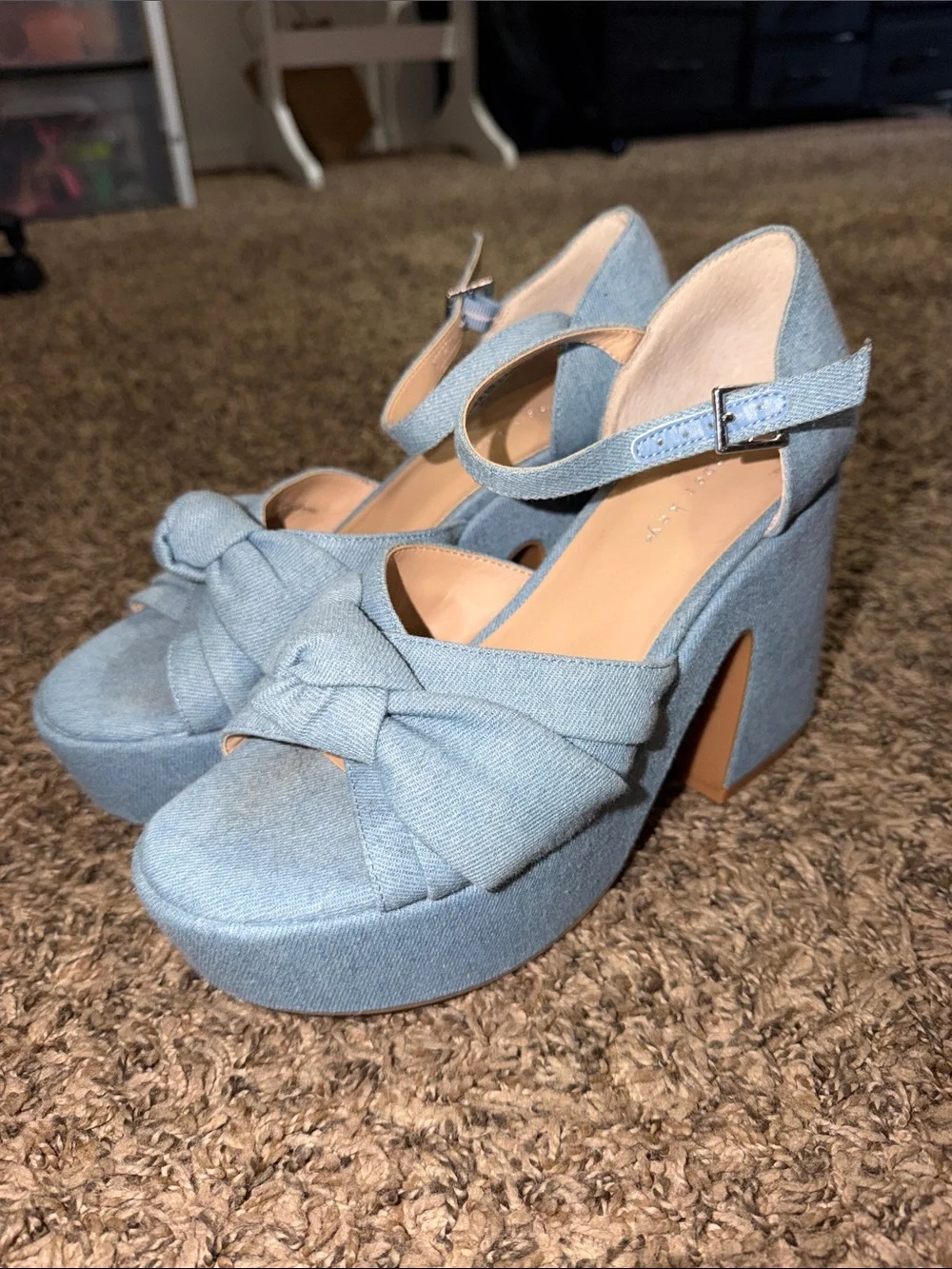 Copper Key Light Blue Denim Knot Platform Sandals with Ankle Strap